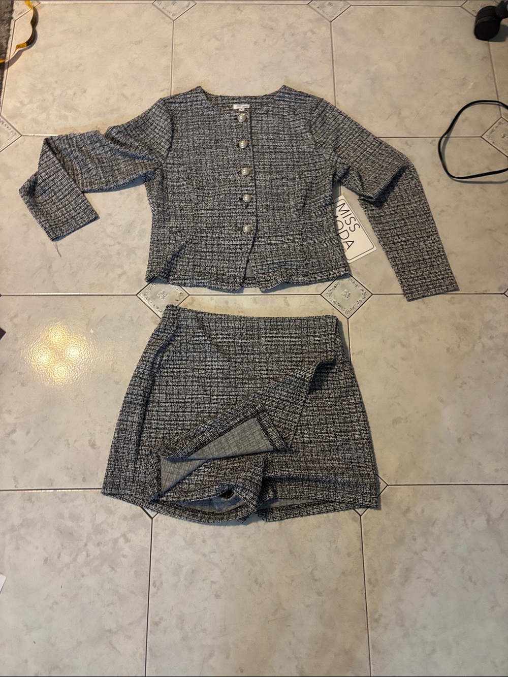 Gray Tweed Two-Piece Blazer and Skort Set